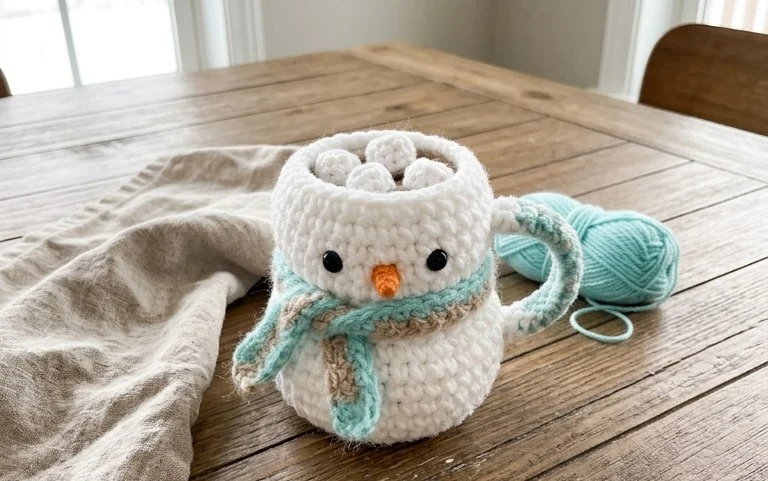 Easy Crochet Marshmallow Snowman in a Mug Free Pattern
